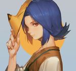  blue_hair flipped_hair fox_mask grey_background kafei male_focus mask mask_removed mimme_(haenakk7) red_eyes simple_background solo the_legend_of_zelda the_legend_of_zelda:_majora's_mask twitter_username upper_body 