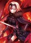  :d armor armored_dress bangs black_cape black_dress black_legwear blonde_hair breasts cape chain cowboy_shot dress dual_wielding eyebrows eyebrows_visible_through_hair fate/grand_order fate_(series) fire fringe_trim fur_trim fuyuki_(neigedhiver) garter_straps gauntlets headpiece highres holding holding_sword holding_weapon jeanne_d'arc_(alter)_(fate) jeanne_d'arc_(fate)_(all) large_breasts looking_at_viewer open_mouth sheath smile solo sword thighhighs torn_clothes weapon yellow_eyes 