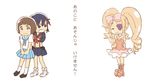  arms_behind_back bare_shoulders black_eyes black_hair blonde_hair boots brown_eyes brown_hair dress drill_hair emuchi eyepatch harime_nui kill_la_kill mankanshoku_mako matoi_ryuuko midriff multicolored_hair multiple_girls no_nose red_hair school_uniform senketsu skirt smile strapless strapless_dress streaked_hair tears translation_request twin_drills wavy_mouth 