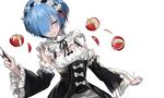  apple black_dress blue_eyes blue_hair blush detached_sleeves dress food frills fruit hair_ornament hair_over_one_eye knife looking_at_viewer maid maid_headdress ran_(pixiv2957827) re:zero_kara_hajimeru_isekai_seikatsu rem_(re:zero) ribbon short_hair solo x_hair_ornament 