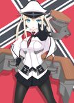  black_gloves black_legwear blonde_hair blue_eyes breasts capelet commentary_request eyebrows eyebrows_visible_through_hair flight_deck gloves graf_zeppelin_(kantai_collection) hat highres iron_cross kantai_collection large_breasts long_hair looking_at_viewer md5_mismatch military military_hat military_uniform miniskirt necktie pantyhose peaked_cap pleated_skirt red_neckwear robu_(ms08bb) sidelocks skirt solo twintails uniform white_capelet 