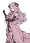  akiha_(attract) bad_id bad_twitter_id bare_shoulders black_gloves blue_eyes braid breasts closed_mouth draph elbow_gloves gloves granblue_fantasy hair_over_one_eye horns huge_breasts lavender_hair long_hair narmaya_(granblue_fantasy) pointy_ears solo standing thigh_strap white_background 