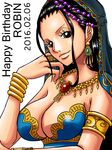  armlet bare_shoulders black_hair bracelet breasts brown_eyes character_name cleavage dated dress earrings hair_slicked_back hand_on_own_cheek happy_birthday harem_outfit jewelry kiyu_(zuyu) large_breasts long_hair looking_at_viewer necklace nico_robin one_piece ring smile solo strapless strapless_dress upper_body veil 