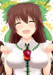  blush bow breasts brown_hair cape english hair_bow happy jogie_(artist) large_breasts long_hair reiuji_utsuho smile solo source_request third_eye touhou unyu wings 