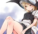  adapted_costume apron arm_at_side black_dress blonde_hair dress frilled_dress frills hair_ribbon hat juliet_sleeves kirisame_marisa light_smile long_hair long_sleeves looking_at_viewer puffy_sleeves ribbon short_dress solo touhou tress_ribbon umakuchi_shouyu waist_apron wavy_hair witch_hat yellow_eyes 