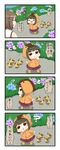  4koma animal_hood bangs bare_shoulders bird blunt_bangs boots brown_eyes brown_hair chibi closed_eyes comic commentary_request detached_sleeves duck flower hair_ornament hakama hand_to_own_mouth head_tilt highres hood japanese_clothes kantai_collection maya_(kantai_collection) multiple_girls open_mouth outstretched_arm puchimasu! raincoat rubber_boots smile takanami_(kantai_collection) translated yuureidoushi_(yuurei6214) 