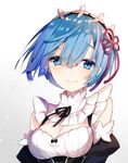  blue_eyes blue_hair breasts cleavage crying crying_with_eyes_open maid medium_breasts re:zero_kara_hajimeru_isekai_seikatsu rem_(re:zero) sakofu short_hair solo tears 