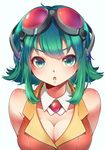  1girl blush breasts cleavage from_above goggles goggles_on_head green_eyes green_hair gumi hands_behind_back looking_at_viewer nou open_mouth short_hair solo vocaloid 