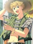  amano_ginji artist_name blonde_hair brown_eyes flower getbackers hat kmkn_z leaf male_focus midriff navel open_mouth solo straw_hat sunflower teeth 