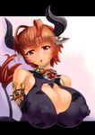  1girl absurdres animal_ears banbird bare_shoulders breasts brown_hair cleavage cleavage_cutout cow_ears cow_girl cow_horns cow_tail erect_nipples female horns huge_breasts looking_at_viewer mogudan puffy_nipples red_eyes short_hair solo tail upper_body 