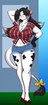  big_breasts bovine breasts cattle cleavage clothed clothing cutoffs denim_shorts female hand_behind_head hand_on_hip huge_breasts mammal mastergodai pose shorts smile thick_thighs voluptuous wide_hips 