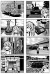  4koma bandaged_arm bandaged_ear bandaged_head bandages boko_(girls_und_panzer) bow bowtie bunker cage challenger_1 comic commentary_request door explosive garden garrison_cap girls_und_panzer goliath_tracked_mine greyscale ground_vehicle hairband hat highres holding holding_stuffed_animal kotori_photobomb kubus_armoured_car lonely military military_hat military_uniform military_vehicle mine_(weapon) monochrome motor_vehicle otoufu photo_(object) shimada_arisu shirt side_ponytail sign skirt solo statue stuffed_animal stuffed_toy t-34 tank teddy_bear translation_request uniform v 