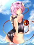 adjusting_clothes adjusting_swimsuit alternate_costume arm_at_side ass bare_shoulders cloud cloudy_sky day from_behind fujimori_tonkatsu hair_between_eyes hairband highres komeiji_satori looking_at_viewer old_school_swimsuit one-piece_swimsuit pink_eyes pink_hair pouty_lips school_swimsuit shiny shiny_clothes short_hair sky solo swimsuit third_eye touhou wading 