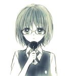  1girl anzu_(o6v6o) bangs collared_shirt glasses green gumi holding holding_microphone light_frown looking_at_viewer microphone monochrome neck_ribbon ribbon shirt short_hair simple_background solo upper_body vest vocaloid white_background 