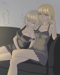  artoria_pendragon_(all) black_dress blonde_hair breasts cleavage closed_eyes couch crossed_legs dress fate/grand_order fate/stay_night fate_(series) hand_on_own_cheek head_on_shoulder highres jeanne_d'arc_(alter)_(fate) jeanne_d'arc_(fate)_(all) large_breasts multiple_girls nipi27 off_shoulder saber_alter short_dress short_hair sitting sleeping strap_slip translation_request yellow_eyes 