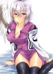  arm_support arms_at_sides black_legwear breasts dress feathered_wings fujimori_tonkatsu hair_between_eyes highres jacket kishin_sagume large_breasts looking_at_viewer open_clothes purple_dress purple_skirt red_eyes short_hair silver_hair single_wing sitting skirt solo thighhighs touhou unbuttoned wings 