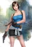  1girl arm artist_request bare_arms bare_legs bare_shoulders black_eyes black_gloves black_skirt breasts brown_hair capcom collarbone dual_wielding female fingerless_gloves gloves gun highres holding holding_gun holding_weapon jill_valentine large_breasts legs looking_at_viewer neck outdoors pencil_skirt resident_evil resident_evil_3 short_hair skirt smile solo standing strapless teeth tubetop watch weapon wristwatch 