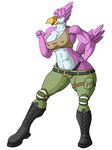  absurd_res anthro avian beak behold_my_girth belt big_butt blue_eyes boots breasts butt cleavage clothed clothing feathers female footwear hi_res pink_feathers pose ranged_weapon simple_background starbound thick_thighs video_games weapon white_background wide_hips 