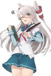  amatsukaze_(kantai_collection) brown_eyes clipboard commentary_request cosplay glasses hair_ribbon hair_tubes hayashi_kewi hip_vent kantai_collection long_hair looking_at_viewer navel one_eye_closed ooyodo_(kantai_collection) ooyodo_(kantai_collection)_(cosplay) open_mouth pleated_skirt quill ribbon school_uniform semi-rimless_eyewear serafuku silver_hair simple_background skirt solo tress_ribbon two_side_up white_background 