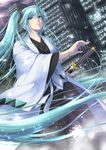  aqua_eyes aqua_hair bleach hair_ornament haori hatsune_miku japanese_clothes katana long_hair ryou_(pix_gallerio) scabbard sheath solo sword taichou_haori twintails unsheathing very_long_hair vocaloid weapon 