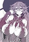  1girl blush breasts cleavage detached_collar glasses granblue_fantasy hat huge_breasts long_hair looking_at_viewer magisa_(granblue_fantasy) monochrome navel shiny shiny_skin smile solo strap_gap wakura_(gcdan) 