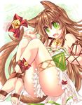  :d absurdres animal_ears bell book bow brown_hair cat_ears cat_tail enokorogusa_(flower_knight_girl) fang flower_knight_girl green_background green_eyes hair_ornament highres jingle_bell long_hair looking_at_viewer mumumu open_mouth paw_pose red_bow sandals skirt smile solo strappy_heels tail tail_bow white_skirt x_hair_ornament 