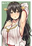  :o arm_up armpits black_hair blush breasts brown_eyes commentary_request detached_sleeves hair_between_eyes hair_ornament hairband hairclip haruna_(kantai_collection) headgear highres japanese_clothes kantai_collection large_breasts long_hair looking_at_viewer nontraditional_miko ribbon-trimmed_sleeves ribbon_trim satou_samu sideboob solo twitter_username upper_body wide_sleeves 