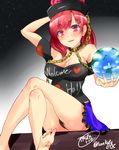  bare_legs bare_shoulders barefoot breasts chain cleavage clothes_writing collar crossed_legs earth_(ornament) english feet fujimori_tonkatsu hand_behind_head hecatia_lapislazuli highres large_breasts long_hair looking_at_viewer miniskirt moon_(ornament) off-shoulder_shirt off_shoulder open_mouth polos_crown red_eyes red_hair shirt sitting skirt soles solo t-shirt toes touhou upskirt 
