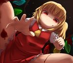  ascot blonde_hair blood blood_splatter bloody_clothes crystal dress flandre_scarlet fork from_below kisa_(k_isa) looking_at_viewer no_hat no_headwear reaching red_dress red_eyes short_hair side_ponytail smile solo squatting touhou wings 