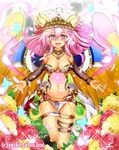  :d angel_wings bare_shoulders benitsuki_tsubasa blush breasts bug butterfly cleavage collarbone commentary_request crown detached_sleeves earrings field flower flower_field golden_wings groin hair_flower hair_ornament hair_ribbon insect jewelry loincloth long_hair looking_at_viewer makai_gakuen_catastrophe medium_breasts navel necklace official_art open_mouth original outstretched_arms pendant petals pink_eyes pink_hair ribbon smile solo sparkle spread_arms standing thigh_strap thighlet wings 