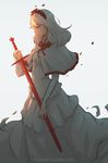  breasts brown_eyes capelet dress fennel_(momodora) hairband holding holding_sword holding_weapon koyorin long_dress long_hair momodora:_reverie_under_the_moonlight small_breasts solo sword watermark weapon web_address white_dress white_hair 