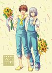  2boys confetti flower high_speed! jumpsuit kirishima_natsuya male_focus memeo_(candy_house) multiple_boys open_mouth sailor_uniform serizawa_nao sunflower 