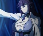  1girl breasts cleavage highres hundred large_breasts long_hair smile solo standing stitched vitaly_tynyanov 
