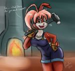  2016 anthro breasts cleavage clothed clothing dialogue du dust:_an_elysian_tail english_text female fire fur hair haley_(elysian_tail) hammer lagomorph mammal overalls pink_hair rabbit red_fur solo text thebmeister tools 