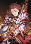  armor fire granblue_fantasy hair_slicked_back holding holding_weapon long_hair looking_at_viewer male_focus mikurou_(nayuta) percival_(granblue_fantasy) rapier red_eyes red_hair solo sword upper_body weapon 