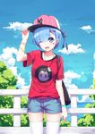  2016 ;d alternate_hair_ornament arm_at_side artist_name bag baseball_cap belt blue_eyes blue_hair blue_shorts blue_sky blush bracelet casual character_print cloud collarbone contemporary copyright_name cowboy_shot day dog_tags eyebrows eyebrows_visible_through_hair eyelashes eyes_visible_through_hair facial_mark glint hair_ornament hair_over_one_eye hair_ribbon hairclip hand_up hat hat_tip head_tilt jewelry lens_flare looking_at_viewer major_league_baseball natsuki_subaru new_york_yankees ocean one_eye_closed open_mouth outdoors print_shirt purple_ribbon railing re:zero_kara_hajimeru_isekai_seikatsu rem_(re:zero) ribbon shade shirt short_hair short_sleeves shorts shoulder_bag sky smile solo star t-shirt thighhighs tongue tree violetsang white_legwear 