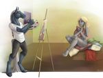  2016 anthro archery_(artist) barefoot black_fur blonde_hair blue_eyes braided_hair clothed clothing color_swatch covering duo english_text equine female fur grey_fur hair hooves horse lagomorph long_hair male mammal nude paintbrush painting pillow rabbit shirt shorts signature sitting tasteful_nudity text 