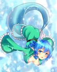  breasts curly_hair floating_breasts from_behind fujimori_tonkatsu hair_between_eyes head_fins highres japanese_clothes kimono large_breasts long_sleeves looking_at_viewer mermaid monster_girl obi sash short_hair solo submerged touhou underwater upside-down wakasagihime wide_sleeves 