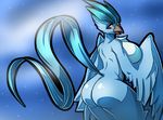  2016 absurd_res anthro anthrofied articuno avian beak big_breasts big_butt blue_background blue_feathers breasts butt feathered_wings feathers female half-closed_eyes hi_res huge_breasts legendary_pok&eacute;mon looking_at_viewer looking_back nintendo nude open_mouth pok&eacute;mon pok&eacute;morph raised_tail red_eyes simple_background smile solo suddenhack tongue video_games wings 