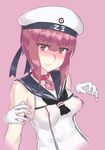  blush breasts brown_eyes collar commentary_request disembodied_limb dress hat kantai_collection looking_at_viewer medium_breasts mizuumi_(bb) older sailor_dress sailor_hat short_hair sleeveless smile solo white_hat z3_max_schultz_(kantai_collection) 