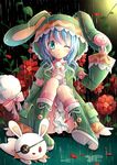  animal_hood blue_eyes blue_hair boots bunny_hood date_a_live flower gyaza long_hair looking_at_viewer one_eye_closed rain sitting solo stuffed_animal stuffed_bunny stuffed_toy wet wet_clothes yoshino_(date_a_live) yoshinon 