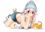  beanie bikini_top blush breasts cat character_name hand_on_own_chin hat headphones highres large_breasts light_smile long_hair looking_at_viewer nitroplus overalls pink_hair red_eyes simple_background socks solo super_sonico tsuji_santa white_background 