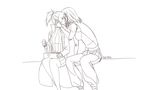  braid hand_on_another's_face high_ponytail highres install_(all_install) kiss labcoat mercy_(overwatch) monochrome multiple_girls overwatch pharah_(overwatch) ponytail short_hair simple_background turtleneck yuri 