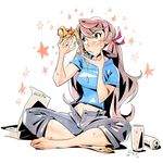  akashi_(kantai_collection) bad_id bad_twitter_id barefoot blush breasts buttons callan_(callancoe) can capri_pants casual cheese_trail denim eating feet food green_eyes hair_ribbon holding_pizza indian_style jeans kantai_collection long_hair medium_breasts midriff pants pink_hair pizza pizza_box ribbon shirt sitting soda_can solo t-shirt tress_ribbon unbuttoned 