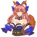  animal_ears bangs bare_shoulders blue_bow bow breasts cleavage detached_collar detached_sleeves dress eyebrows eyebrows_visible_through_hair fate/extra fate_(series) fox_ears fox_tail hair_between_eyes hair_bow large_breasts long_hair looking_at_viewer obi pink_hair sash sidelocks simple_background smile solo strapless strapless_dress tail tamamo_(fate)_(all) tamamo_no_mae_(fate) twintails twitter_username upper_body white_background yellow_eyes yurizuka_(sergeant_heart) 