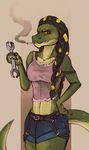  2016 alligator anthro breasts cigarette cleavage clothed clothing crocodilian dreadlocks female hair jeanwoof looking_at_viewer mammal mechanic reptile scalie shirt shorts solo yellow_eyes 