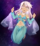  1girl chloe_von_einzbern dancer dark_skin fate/kaleid_liner_prisma_illya fate_(series) harem_outfit harem_pants jewelry long_hair navel necklace open_mouth see-through small_breasts solo tagme tiara 