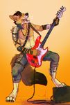  4_toes 5_fingers anthro armor bandage black_hair canine chain clothed clothing dog_tags eyes_closed guitar hair hi_res jeanwoof long_tail male mammal music musical_instrument pants pose smile solo standing straps teeth toes tongue tongue_out wolf 