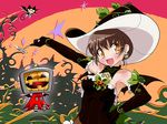  black_gloves brown_hair cat commentary_request digitamin earrings gloves hand_on_hip hat holding jack-o'-lantern jewelry noritaka_suzuki open_mouth orange_eyes outstretched_arm plant ritsuko_(digitamin) short_hair skull_and_crossbones skull_earrings solo vines wand witch_hat 