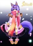  animal_ears bangs benitsuki_tsubasa black_skirt blunt_bangs blush commentary_request covered_mouth fox_ears fox_tail full_body fur fur_trim hairband highres long_hair long_sleeves looking_at_viewer oversized_clothes pink_scarf pixiv_fantasia pixiv_fantasia_fallen_kings purple_eyes purple_hair scarf skirt socks solo striped striped_legwear tail wide_sleeves 
